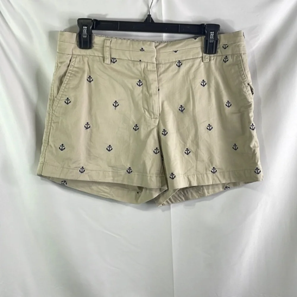 British Khaki Tan flat front shorts with navy anchors Embroidered